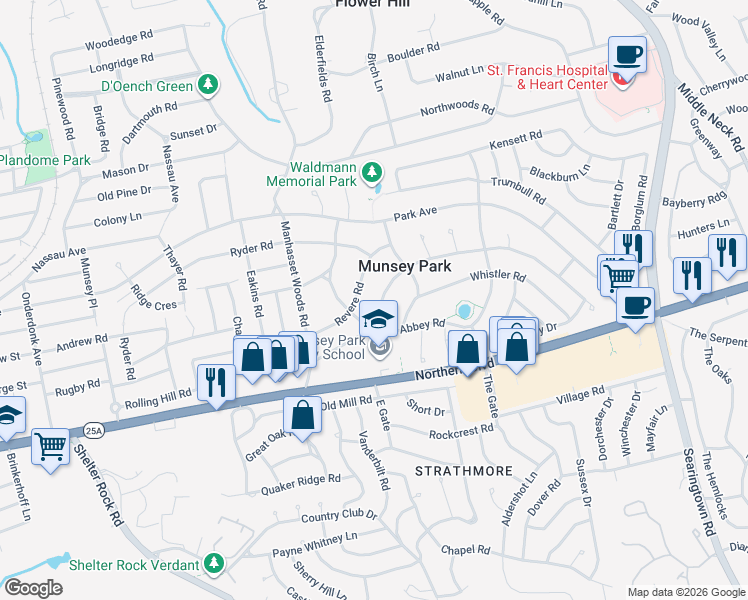 map of restaurants, bars, coffee shops, grocery stores, and more near 136 Abbey Road in Manhasset