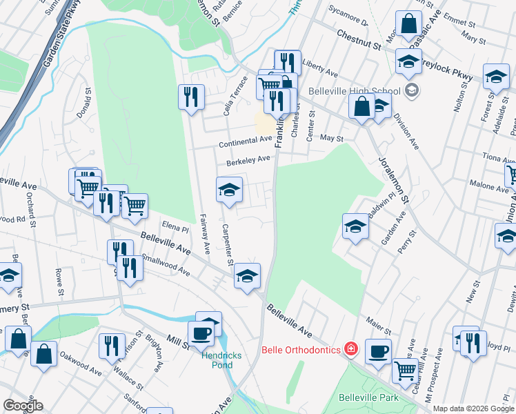 map of restaurants, bars, coffee shops, grocery stores, and more near 255 Franklin Avenue in Belleville