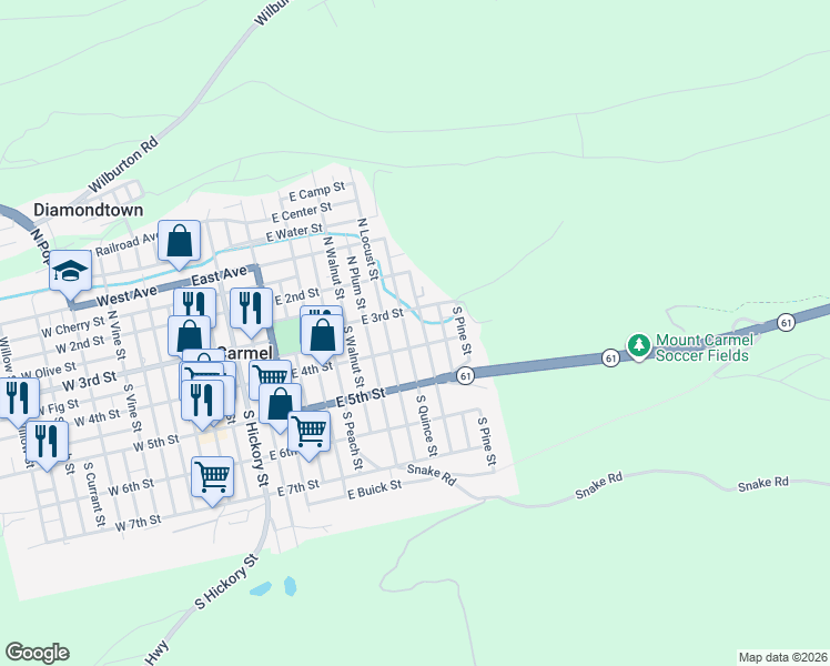 map of restaurants, bars, coffee shops, grocery stores, and more near 500-598 E 4th St in Mt Carmel