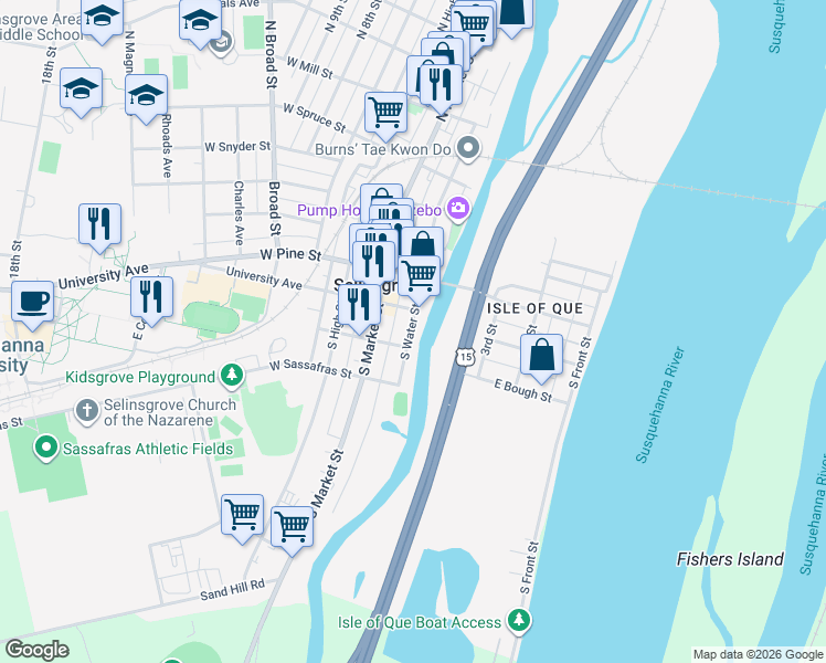 map of restaurants, bars, coffee shops, grocery stores, and more near 16 East Bough Street in Selinsgrove