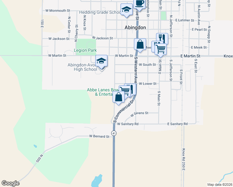 map of restaurants, bars, coffee shops, grocery stores, and more near 426-470 South Pennsylvania Street in Abingdon