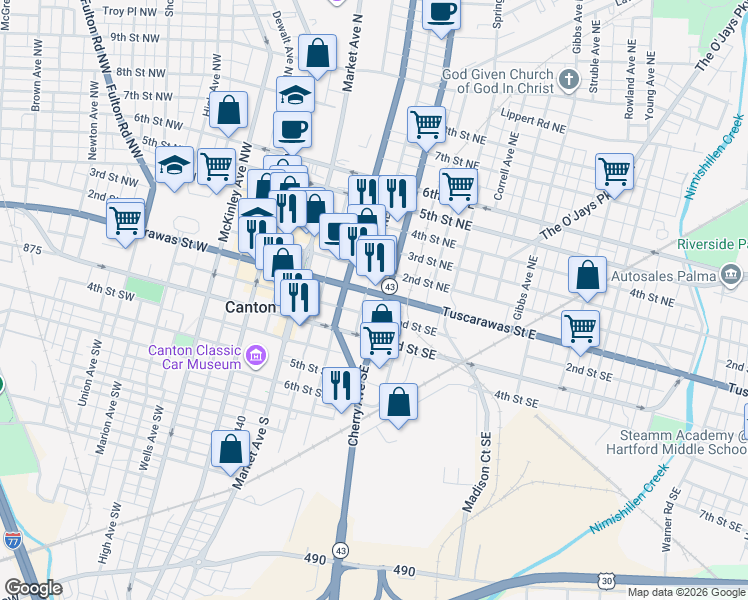 map of restaurants, bars, coffee shops, grocery stores, and more near 400 Tuscarawas Street East in Canton