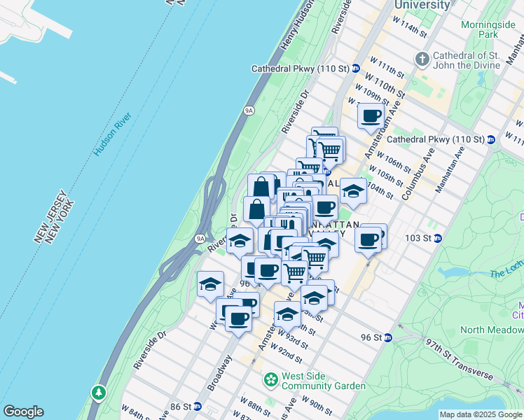 map of restaurants, bars, coffee shops, grocery stores, and more near 309 West 99th Street in New York