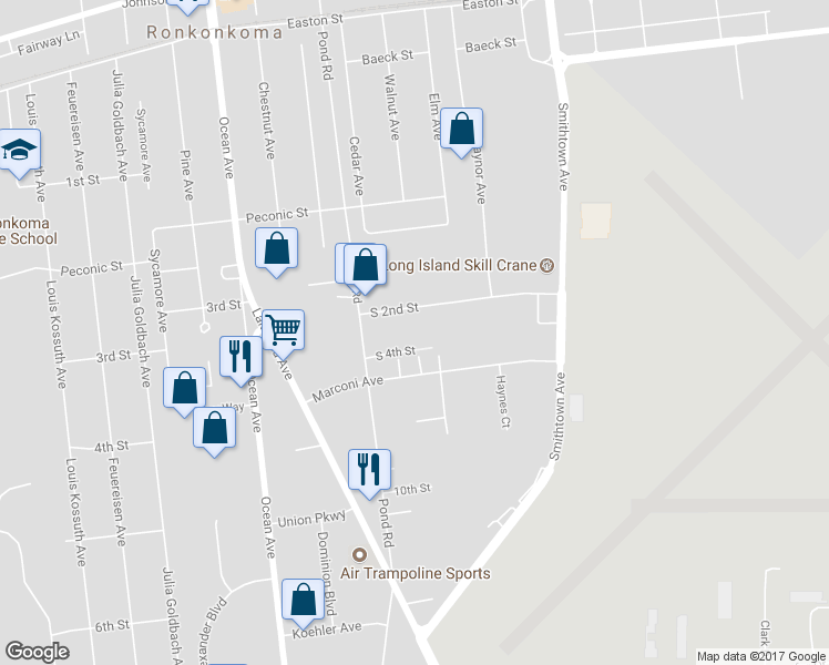 map of restaurants, bars, coffee shops, grocery stores, and more near Powell Avenue in Ronkonkoma