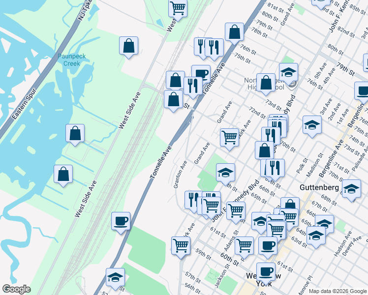 map of restaurants, bars, coffee shops, grocery stores, and more near 6310 Liberty Avenue in North Bergen