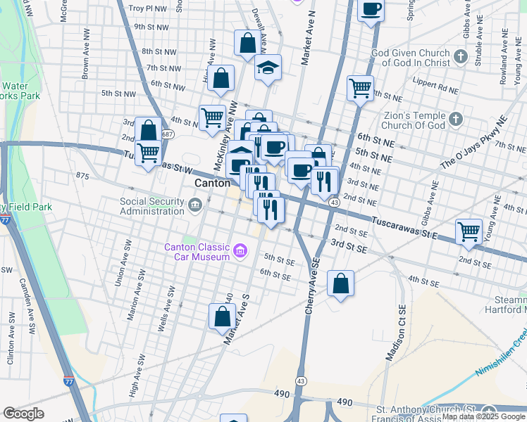 map of restaurants, bars, coffee shops, grocery stores, and more near 205 Market Avenue South in Canton