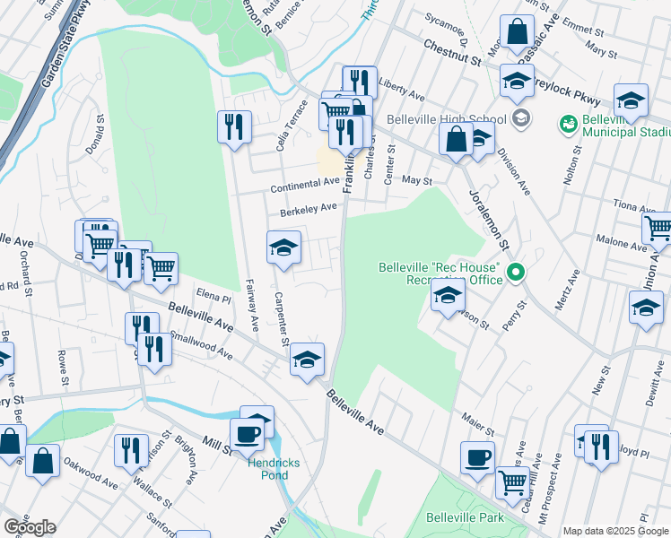 map of restaurants, bars, coffee shops, grocery stores, and more near 255 Franklin Avenue in Belleville