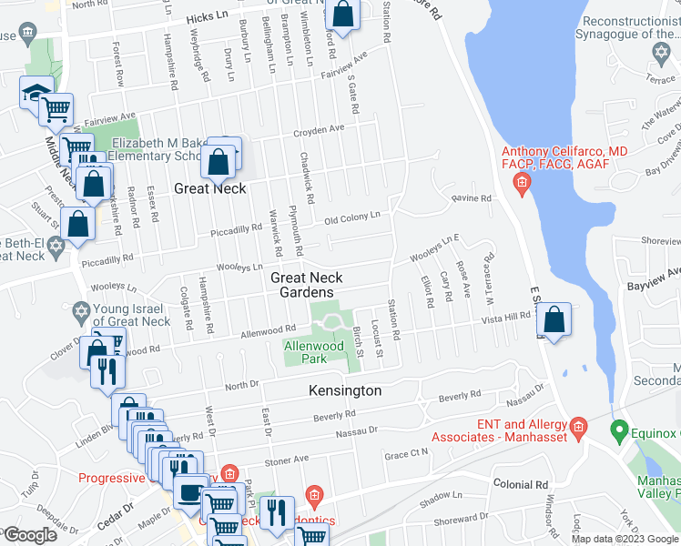 map of restaurants, bars, coffee shops, grocery stores, and more near 88 Oxford Boulevard in Great Neck