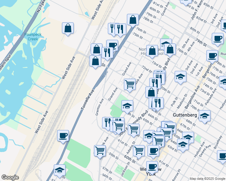 map of restaurants, bars, coffee shops, grocery stores, and more near 6411 Grand Avenue in North Bergen