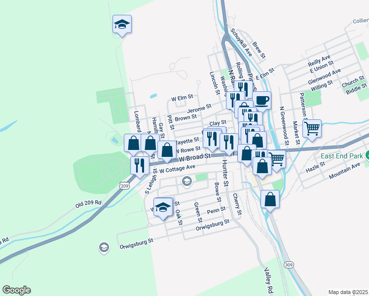 map of restaurants, bars, coffee shops, grocery stores, and more near 257 West Rowe Street in Tamaqua