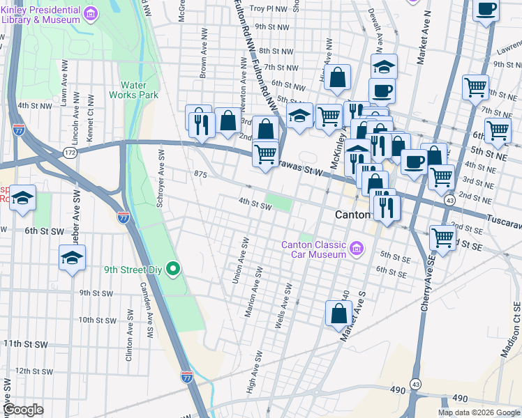 map of restaurants, bars, coffee shops, grocery stores, and more near 818 Shorb Avenue Southwest in Canton
