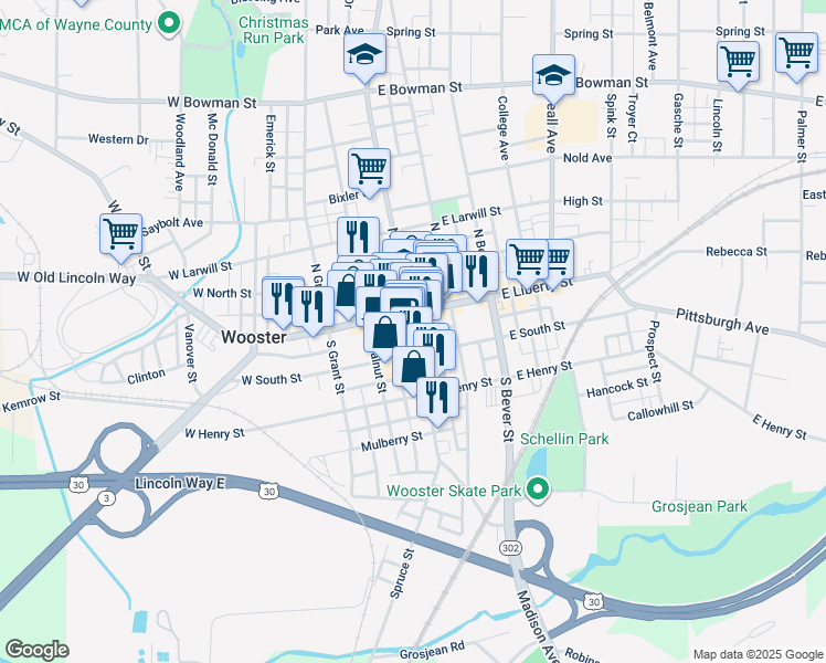 map of restaurants, bars, coffee shops, grocery stores, and more near 155 S Market St in Wooster