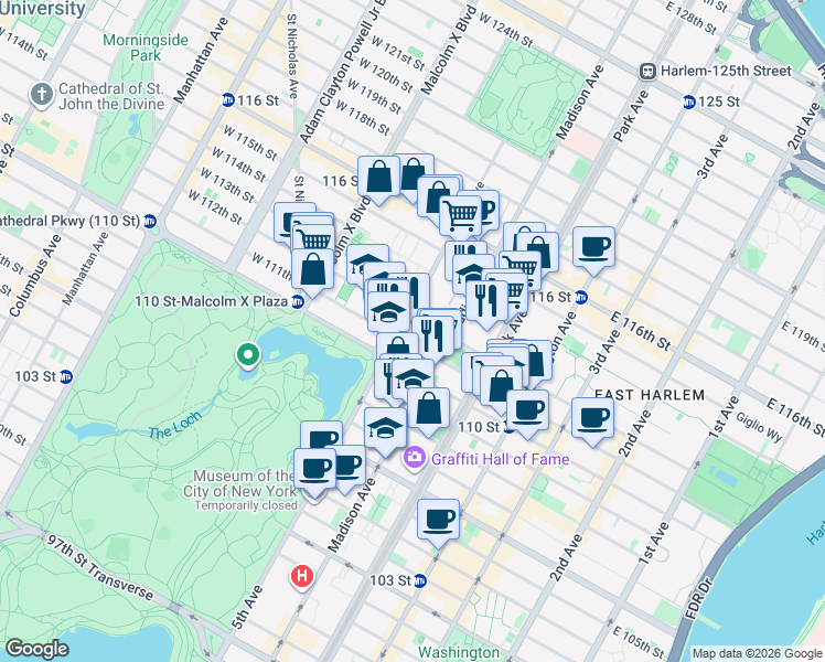 map of restaurants, bars, coffee shops, grocery stores, and more near 1325 5th Avenue in New York
