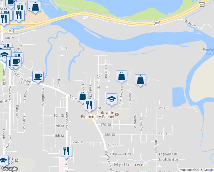 map of restaurants, bars, coffee shops, grocery stores, and more near 1878 L B Williams Circle in Eureka