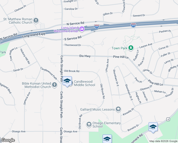 map of restaurants, bars, coffee shops, grocery stores, and more near 16 Old Brook Road in Huntington Station