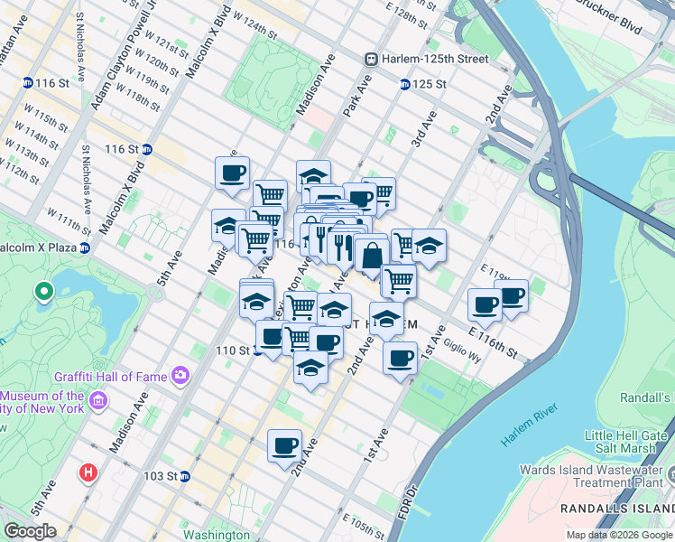 map of restaurants, bars, coffee shops, grocery stores, and more near 190 East 115th Street in New York