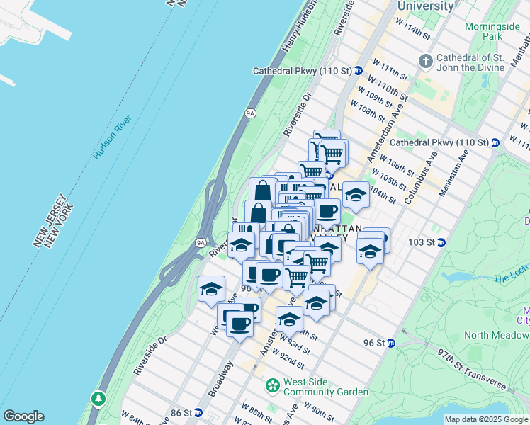 map of restaurants, bars, coffee shops, grocery stores, and more near 305 West 99th Street in New York
