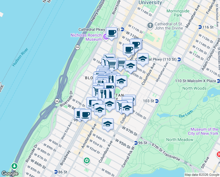 map of restaurants, bars, coffee shops, grocery stores, and more near 205 West 101st Street in New York