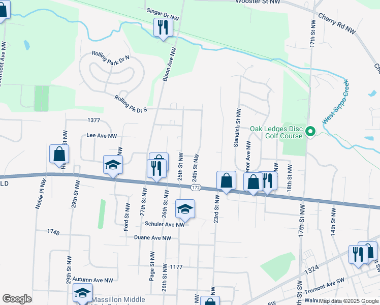 map of restaurants, bars, coffee shops, grocery stores, and more near 463 24th Street Northwest in Massillon