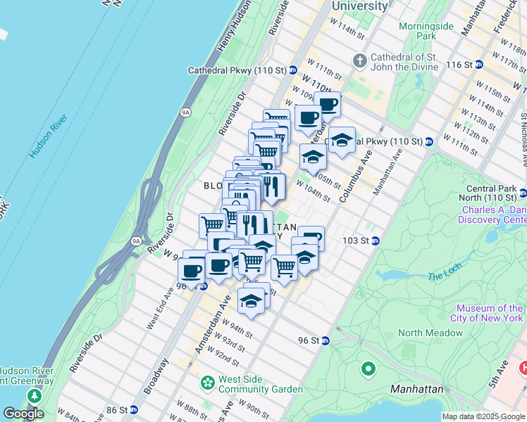 map of restaurants, bars, coffee shops, grocery stores, and more near 205 West 101st Street in New York