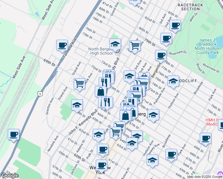 map of restaurants, bars, coffee shops, grocery stores, and more near 6825 Adams Street in Guttenberg