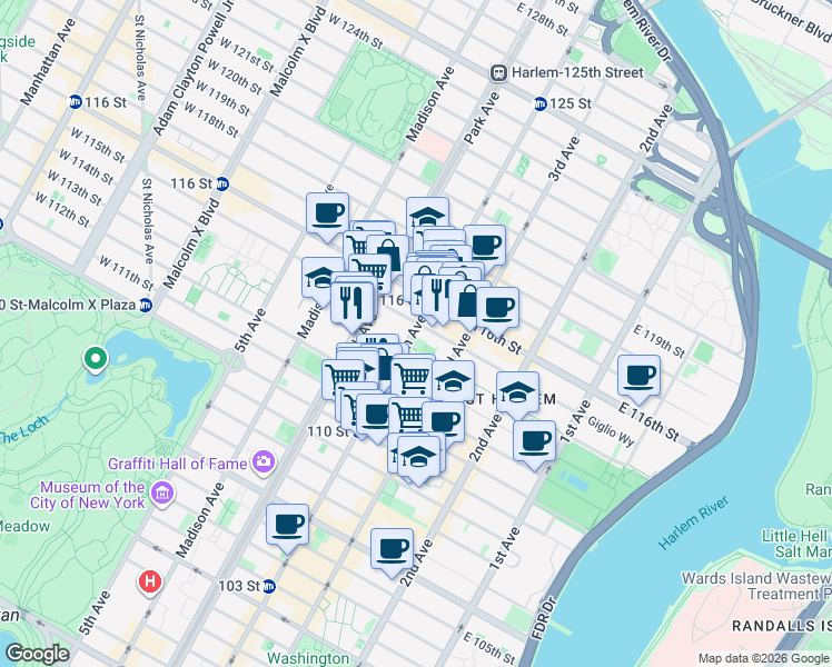 map of restaurants, bars, coffee shops, grocery stores, and more near 152 East 115th Street in New York