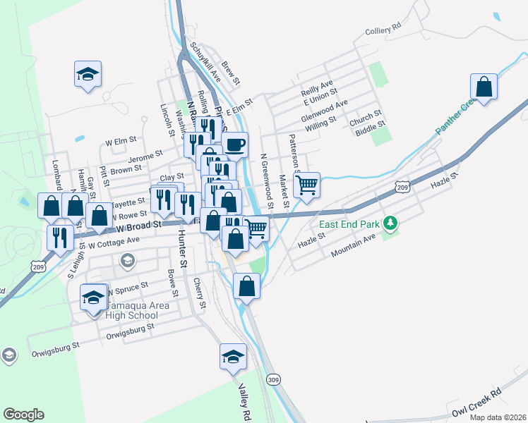 map of restaurants, bars, coffee shops, grocery stores, and more near 255 Cedar Street in Tamaqua