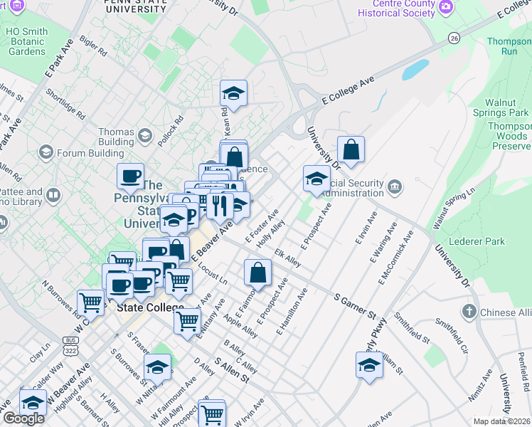 map of restaurants, bars, coffee shops, grocery stores, and more near 448 East Foster Avenue in State College