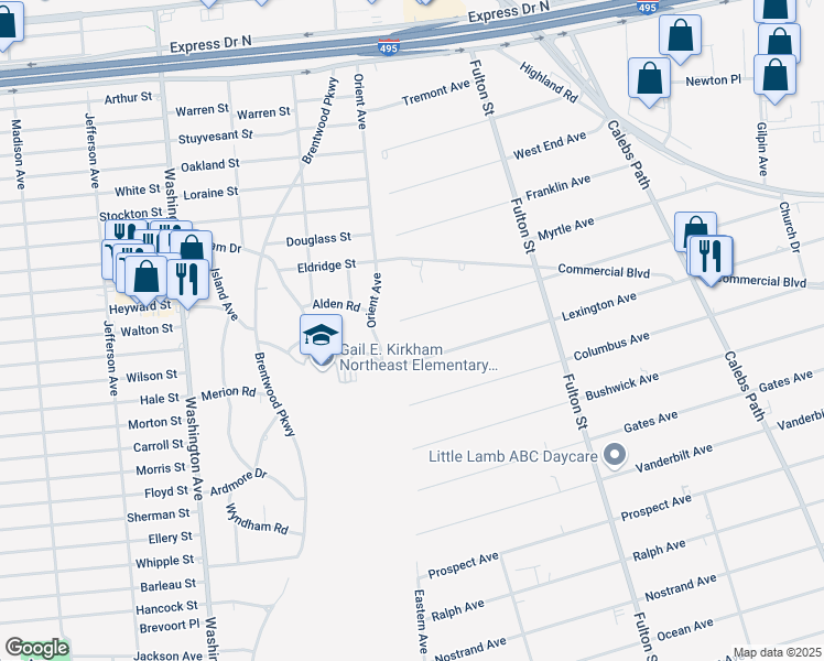 map of restaurants, bars, coffee shops, grocery stores, and more near 1 Lexington Avenue in Brentwood