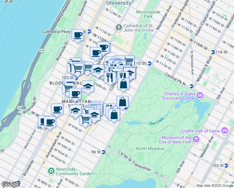 map of restaurants, bars, coffee shops, grocery stores, and more near 63 West 104th Street in New York