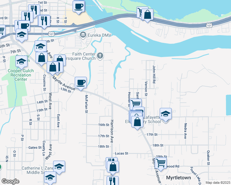 map of restaurants, bars, coffee shops, grocery stores, and more near 1404 Hoover Street in Eureka