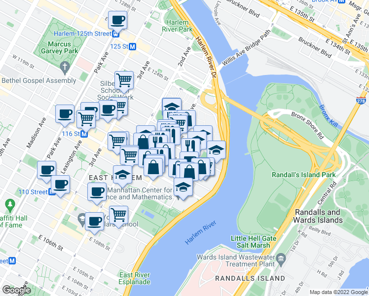 map of restaurants, bars, coffee shops, grocery stores, and more near 421 East 118th Street in New York