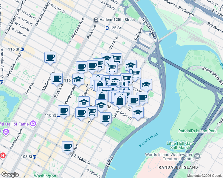 map of restaurants, bars, coffee shops, grocery stores, and more near 318 East 117th Street in New York