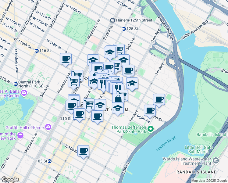 map of restaurants, bars, coffee shops, grocery stores, and more near 221 East 115th Street in New York