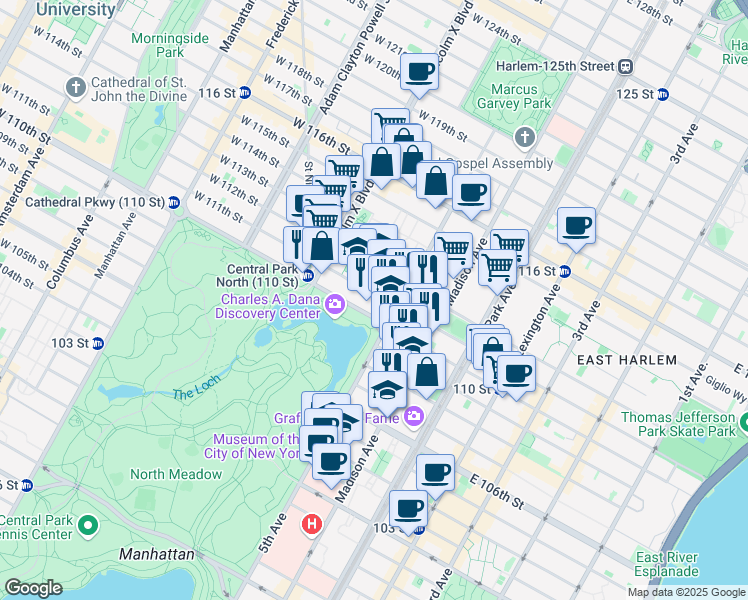 map of restaurants, bars, coffee shops, grocery stores, and more near 7 Central Park North in New York