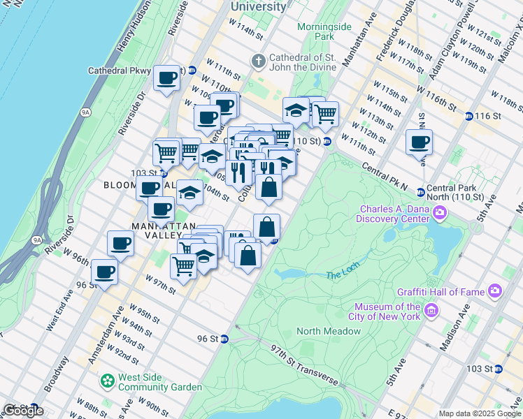 map of restaurants, bars, coffee shops, grocery stores, and more near 8 West 104th Street in New York