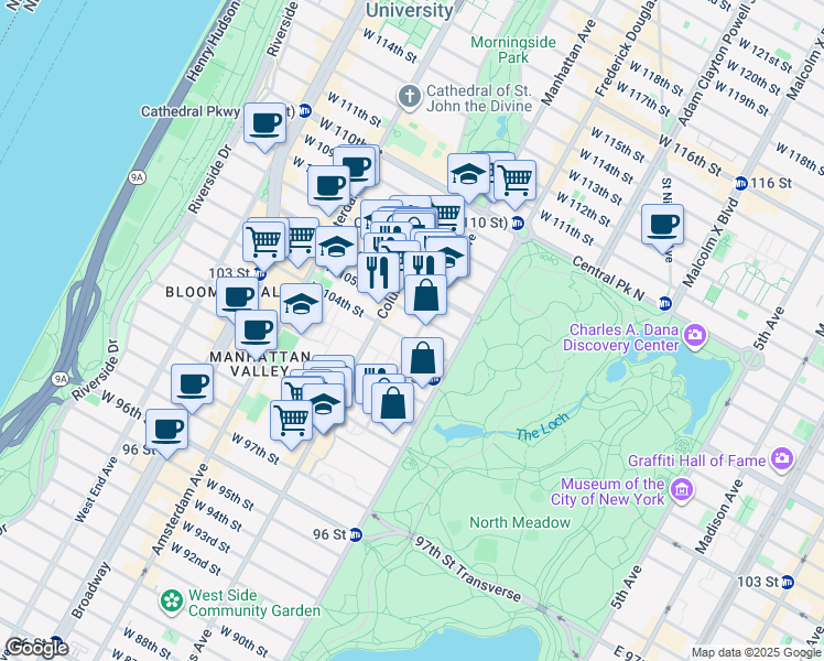 map of restaurants, bars, coffee shops, grocery stores, and more near 8 West 104th Street in New York