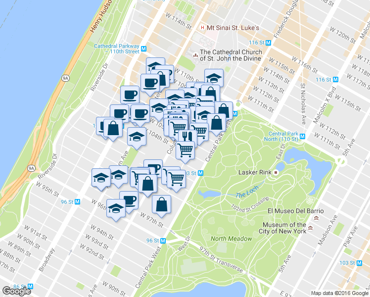 map of restaurants, bars, coffee shops, grocery stores, and more near 875 Columbus Avenue in New York