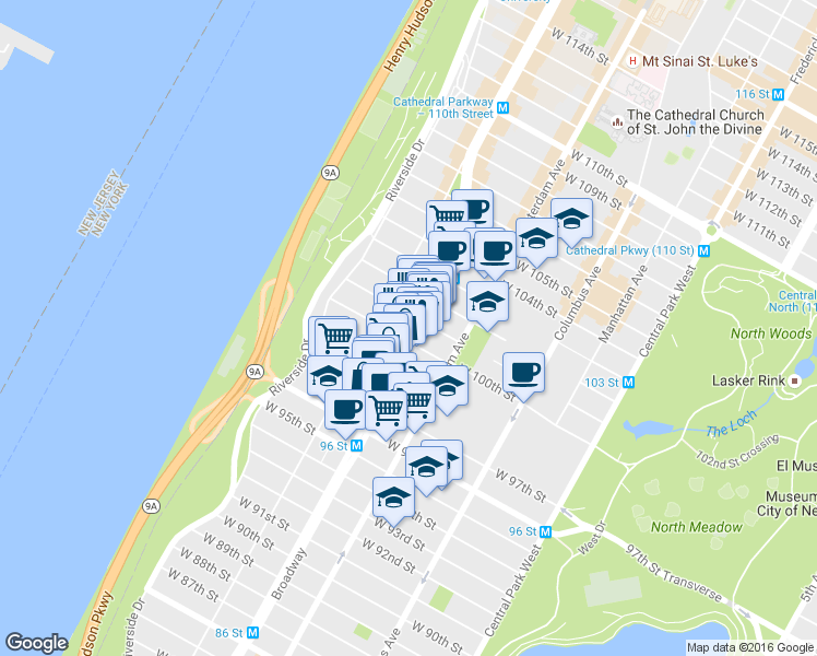 map of restaurants, bars, coffee shops, grocery stores, and more near 216 West 100th Street in New York