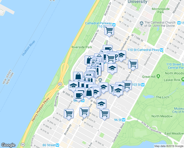 map of restaurants, bars, coffee shops, grocery stores, and more near in New York