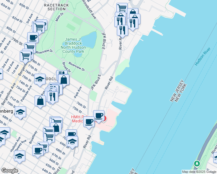 map of restaurants, bars, coffee shops, grocery stores, and more near 7912 River Road in North Bergen