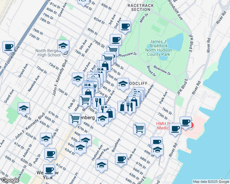 map of restaurants, bars, coffee shops, grocery stores, and more near 330 73rd Street in North Bergen