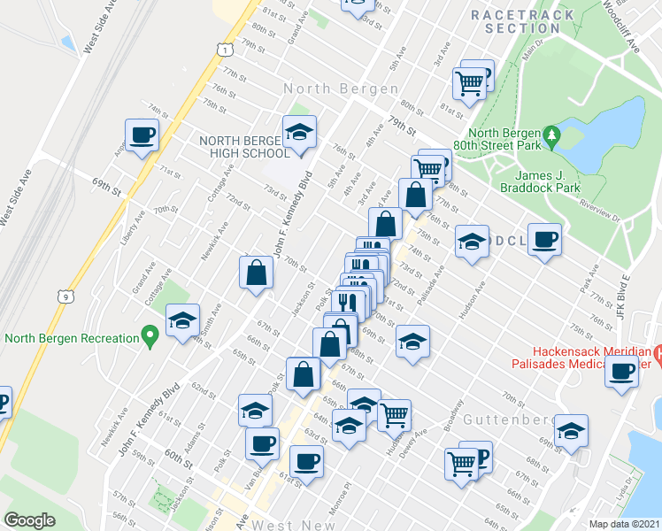 map of restaurants, bars, coffee shops, grocery stores, and more near 6914 Jackson Street in Guttenberg