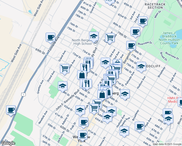 map of restaurants, bars, coffee shops, grocery stores, and more near 6825 Adams Street in Guttenberg