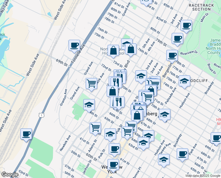 map of restaurants, bars, coffee shops, grocery stores, and more near 6812 Bergenwood Avenue in North Bergen