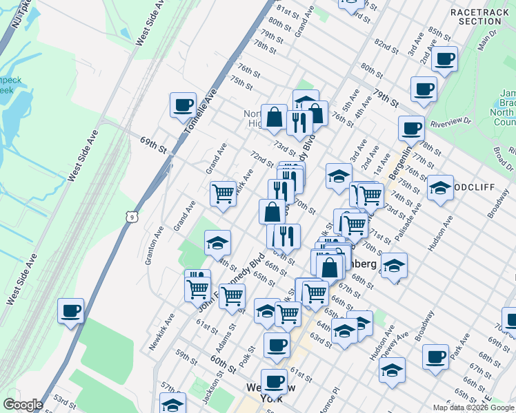 map of restaurants, bars, coffee shops, grocery stores, and more near 6717 Smith Avenue in North Bergen