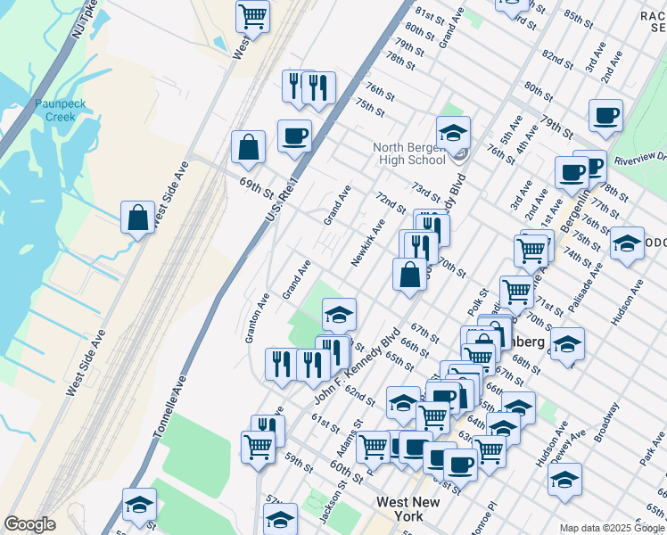 map of restaurants, bars, coffee shops, grocery stores, and more near 6601 Cottage Avenue in North Bergen