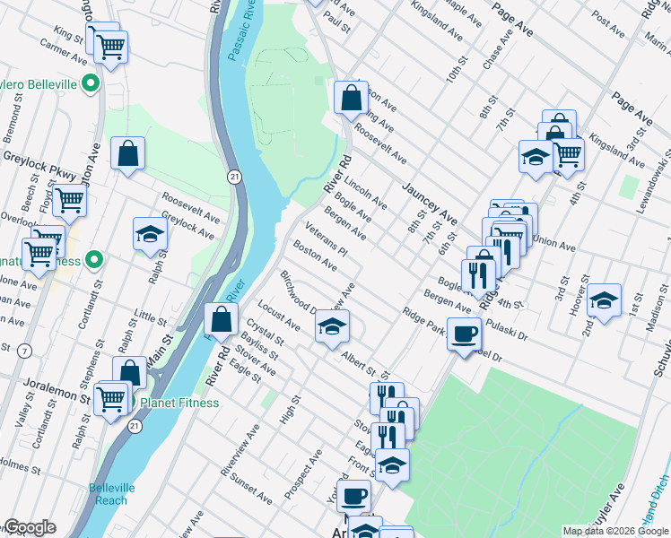 map of restaurants, bars, coffee shops, grocery stores, and more near 102 Baltimore Avenue in North Arlington