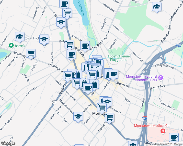 map of restaurants, bars, coffee shops, grocery stores, and more near 59 Morris Street in Morristown
