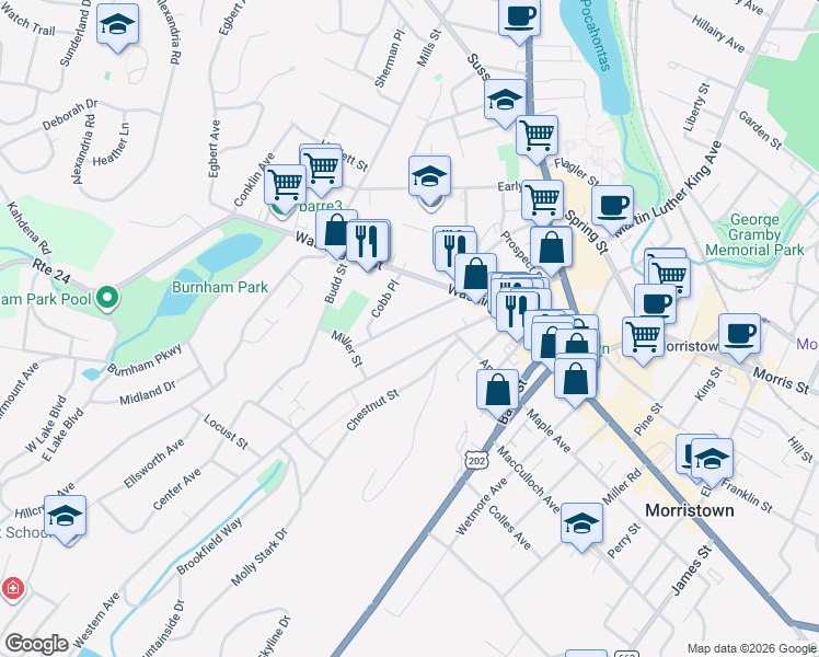 map of restaurants, bars, coffee shops, grocery stores, and more near 43 Western Avenue in Morristown